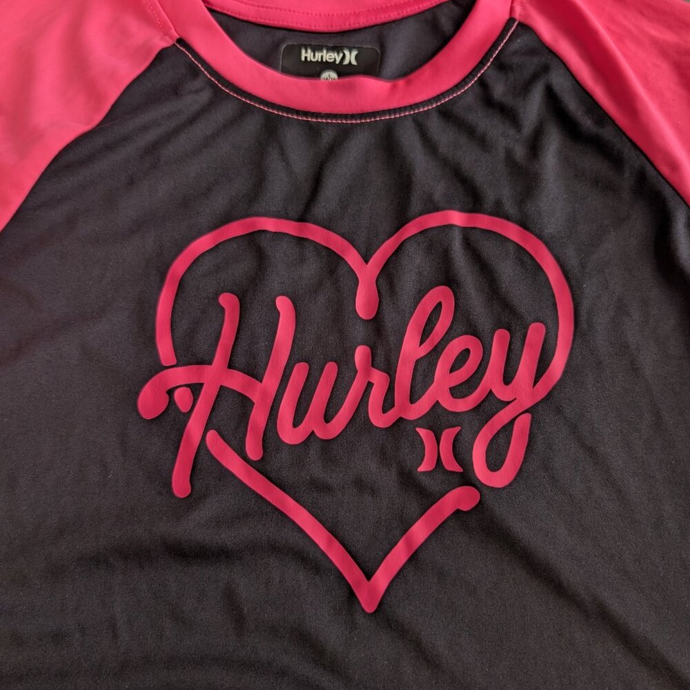 Hurley, Long Sleeve Scuba Shirt, Black and Hot Pink Heart Logo, Sz L 14/16 - Picture 2 of 8